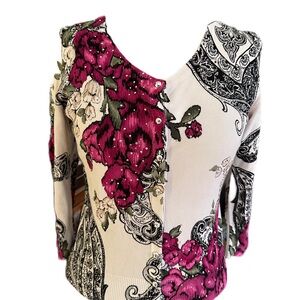 White House Black Market Long Sleeve Jewel Button floral and Paisley Sweater. S